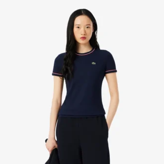 Damski T-shirt z dzianiny z kontrastowymi wykończeniami Damski T-shirt z dzianiny z kontrastowymi wykończeniami