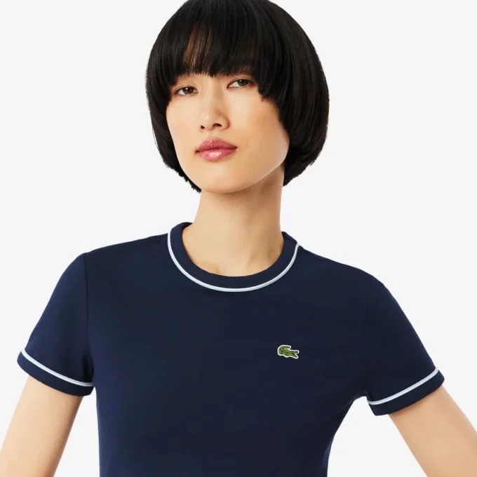 Damski T-shirt z dzianiny z kontrastowymi wykończeniami