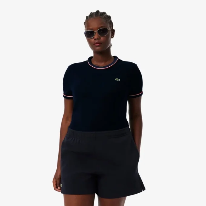 Damski T-shirt z dzianiny z kontrastowymi wykończeniami Damski T-shirt z dzianiny z kontrastowymi wykończeniami