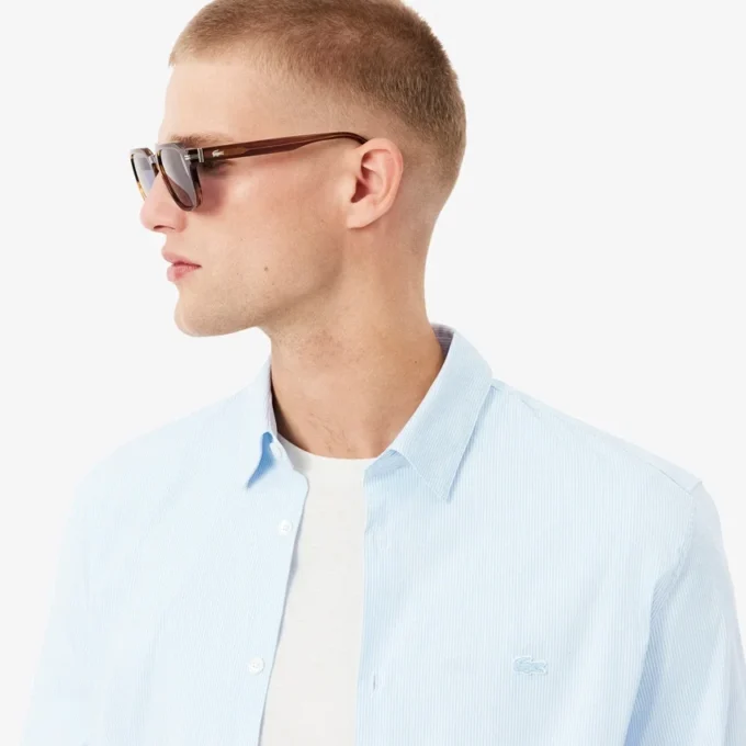 Męska koszula w paski o kroju slim fit z elastycznego materiału, zapinana na guziki Męska koszula w paski o kroju slim fit z elastycznego materiału, zapinana na guziki