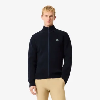 Męski sweter golfowy z prążkowanej dzianiny zapinany na zamek
