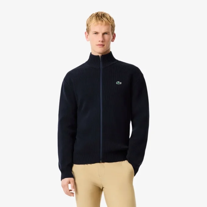 Męski sweter golfowy z prążkowanej dzianiny zapinany na zamek Męski sweter golfowy z prążkowanej dzianiny zapinany na zamek