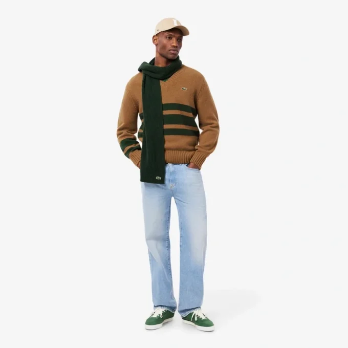 Męski sweter z wełny w paski z dekoltem w serek Męski sweter z wełny w paski z dekoltem w serek