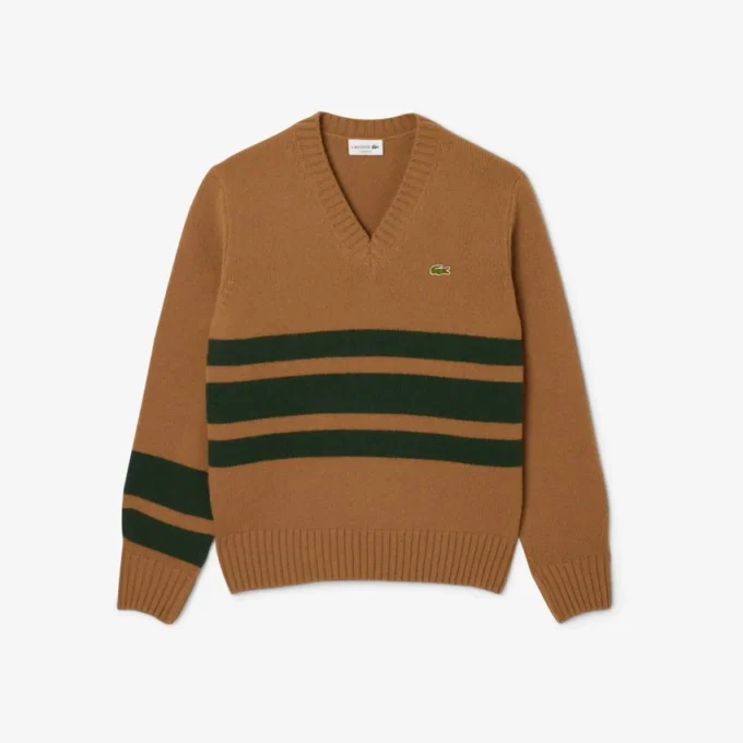 Męski sweter z wełny w paski z dekoltem w serek Męski sweter z wełny w paski z dekoltem w serek