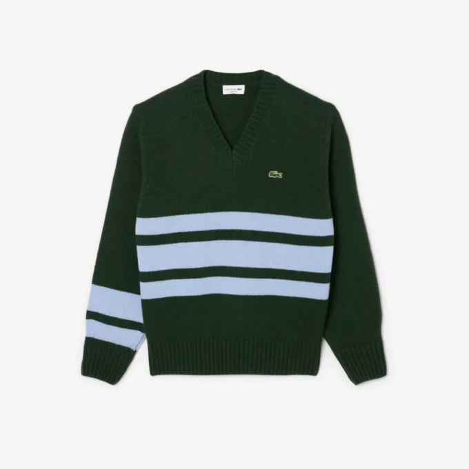 Męski sweter z wełny w paski z dekoltem w serek Męski sweter z wełny w paski z dekoltem w serek