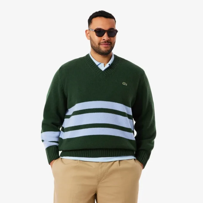 Męski sweter z wełny w paski z dekoltem w serek Męski sweter z wełny w paski z dekoltem w serek