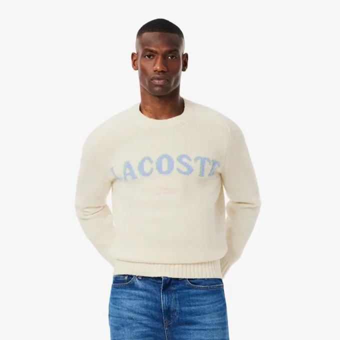 Męski sweter z wełny z intarsją z logo marki Męski sweter z wełny z intarsją z logo marki