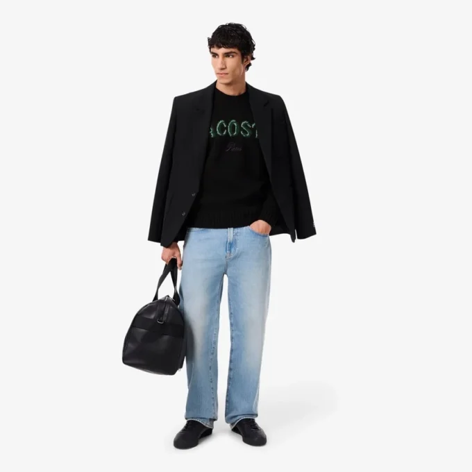 Męski sweter z wełny z intarsją z logo marki Męski sweter z wełny z intarsją z logo marki