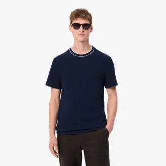 Męski T-shirt z elastycznego piqu w paski z kołnierzykiem