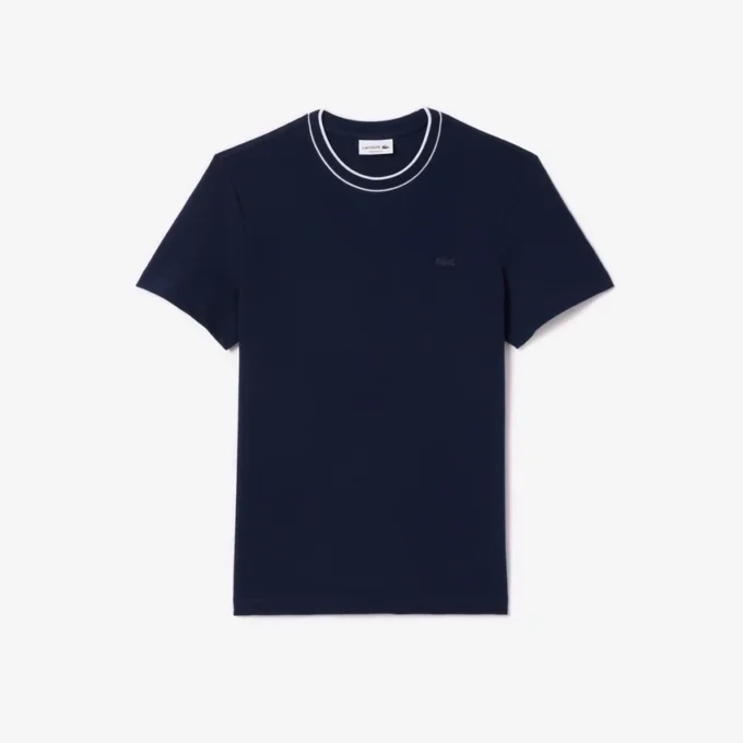 Męski T-shirt z elastycznego piqu w paski z kołnierzykiem Męski T-shirt z elastycznego piqu w paski z kołnierzykiem
