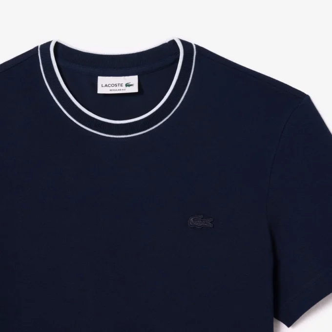 Męski T-shirt z elastycznego piqu w paski z kołnierzykiem Męski T-shirt z elastycznego piqu w paski z kołnierzykiem