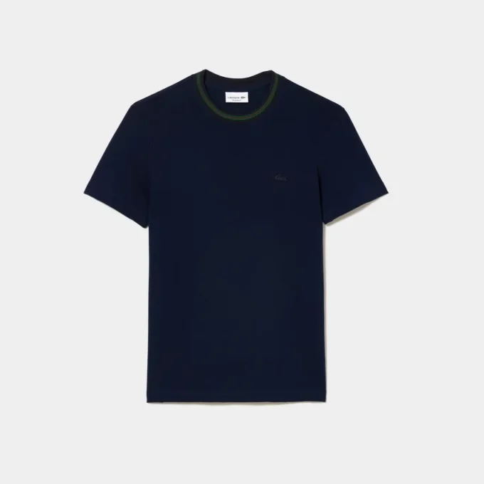 Męski T-shirt z elastycznego piqua w paski z kołnierzykiem Męski T-shirt z elastycznego piqua w paski z kołnierzykiem