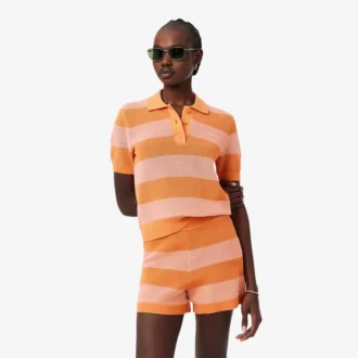 Sweter z kołnierzem koszulki Polo z dzianiny siateczkowej w paski Sweter z kołnierzem koszulki Polo z dzianiny siateczkowej w paski