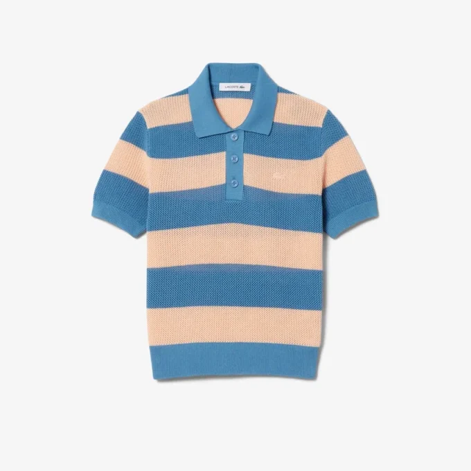 Sweter z kołnierzem koszulki Polo z dzianiny siateczkowej w paski Sweter z kołnierzem koszulki Polo z dzianiny siateczkowej w paski
