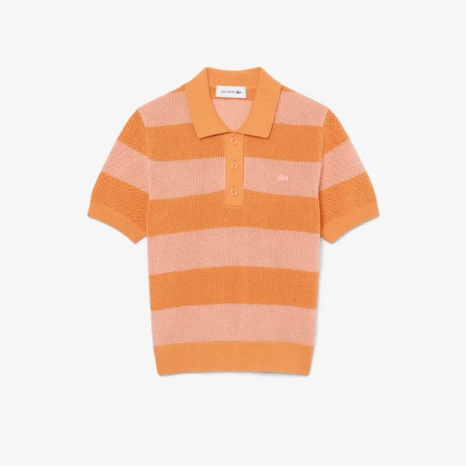 Sweter z kołnierzem koszulki Polo z dzianiny siateczkowej w paski Sweter z kołnierzem koszulki Polo z dzianiny siateczkowej w paski