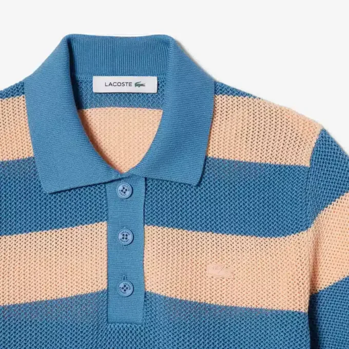 Sweter z kołnierzem koszulki Polo z dzianiny siateczkowej w paski Sweter z kołnierzem koszulki Polo z dzianiny siateczkowej w paski
