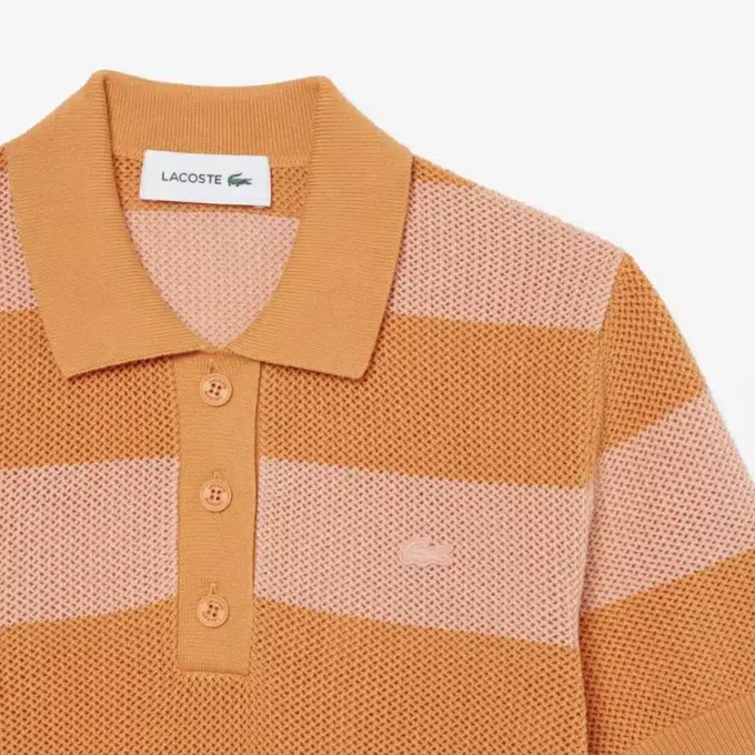Sweter z kołnierzem koszulki Polo z dzianiny siateczkowej w paski Sweter z kołnierzem koszulki Polo z dzianiny siateczkowej w paski