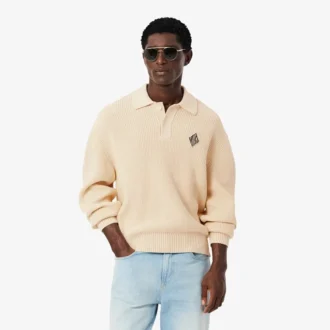 Sweter z kołnierzem koszulki Polo z prążkowanym wykończeniem w kolorze perłowym Sweter z kołnierzem koszulki Polo z prążkowanym wykończeniem w kolorze perłowym