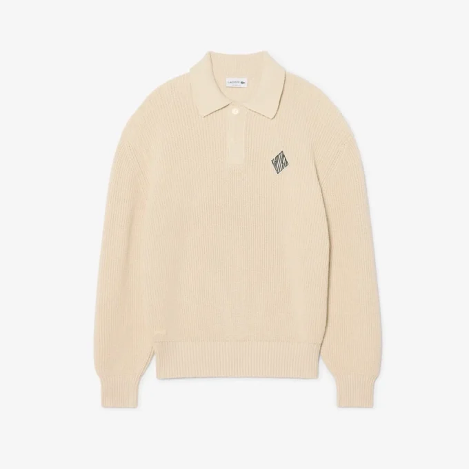 Sweter z kołnierzem koszulki Polo z prążkowanym wykończeniem w kolorze perłowym