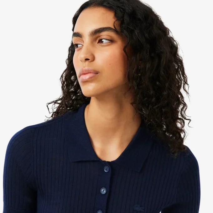 Sweter z wełny merynosowej z kołnierzem Polo i dzianiną 3D Sweter z wełny merynosowej z kołnierzem Polo i dzianiną 3D