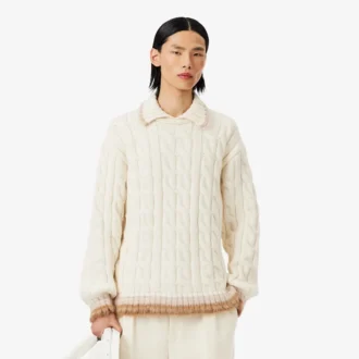 Sweter z wełny z kołnierzem Koszulki Polo i splotem warkoczowym Sweter z wełny z kołnierzem Koszulki Polo i splotem warkoczowym