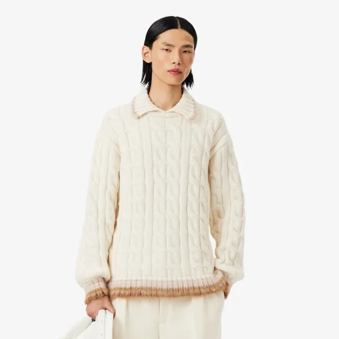 Sweter z wełny z kołnierzem Koszulki Polo i splotem warkoczowym