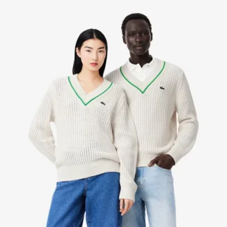 Unisexowy sweter tenisowy w paski z dekoltem w serek